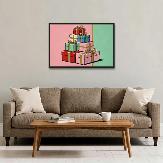 Christmas Canvas Wall Art Tower of Wrapped Presents - Black Framed Canvas Wall Art - Sofa - 36x24