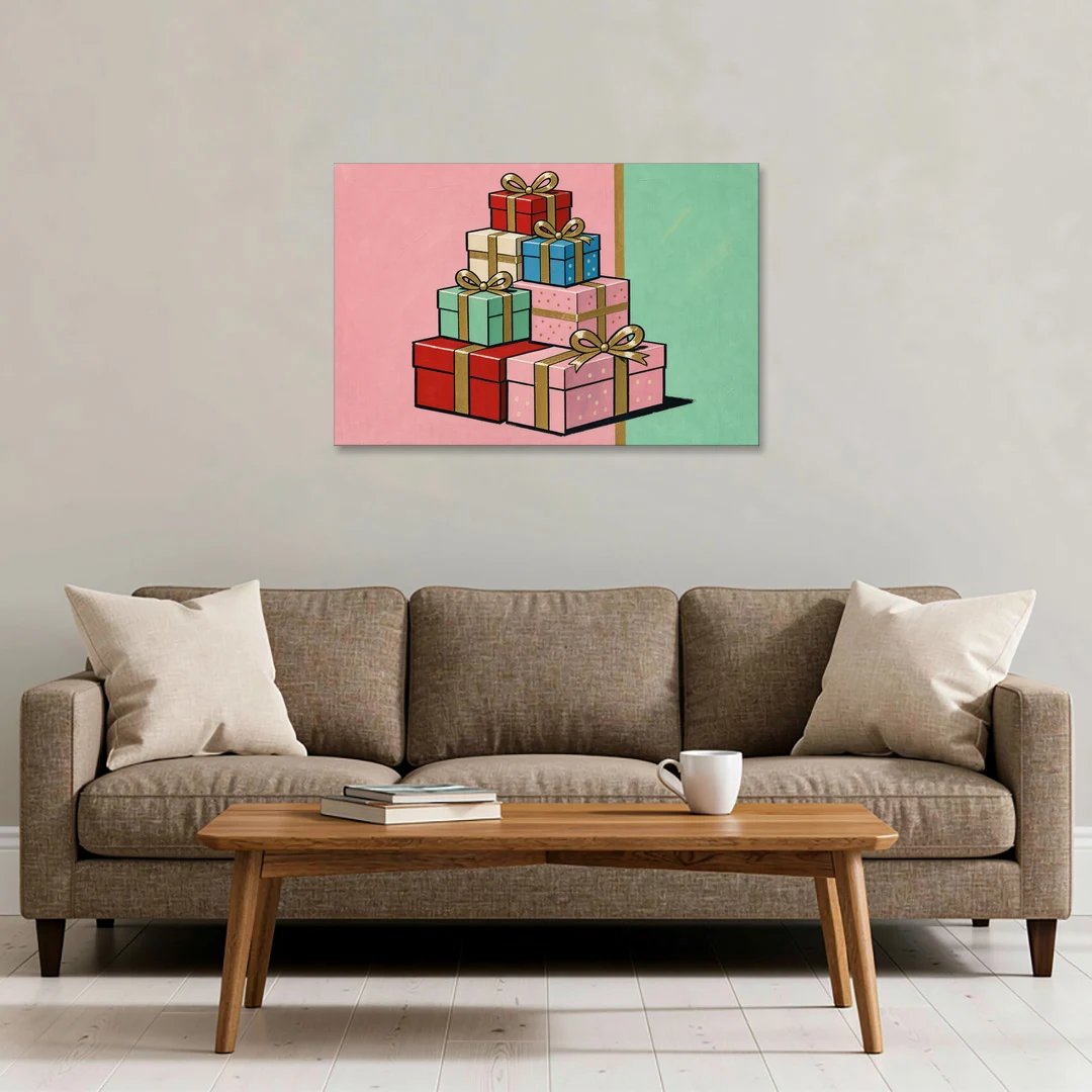 Christmas Canvas Wall Art Tower of Wrapped Presents - Canvas Wall Art - Sofa - 36x24