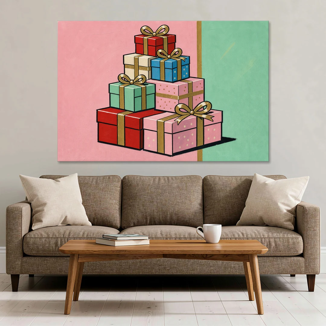 Christmas Canvas Wall Art Tower of Wrapped Presents - Canvas Wall Art - Sofa - 60x40