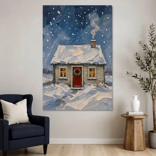 Christmas Cottage Painting with Candlelit Windows - Canvas Wall Art - Sofa - 40x60