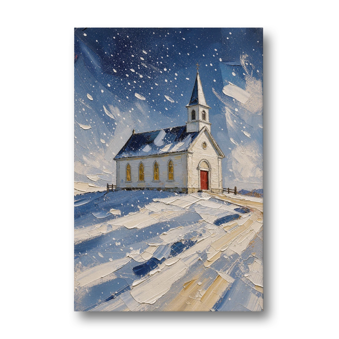 Christmas Eve Painting of a Hilltop Chapel - Canvas Wall Art - Front