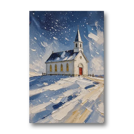 Christmas Eve Painting of a Hilltop Chapel - Canvas Wall Art - Front