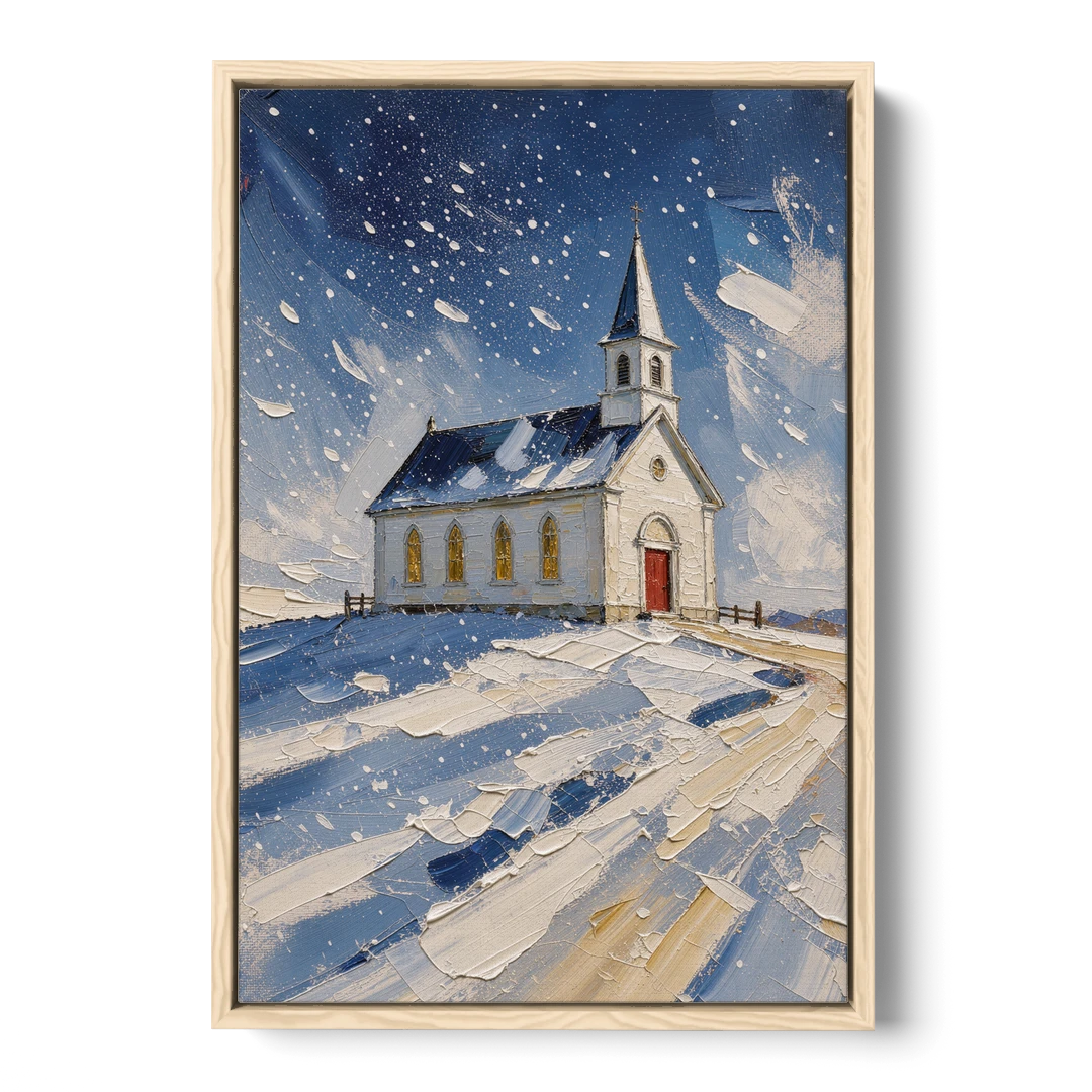 Christmas Eve Painting of a Hilltop Chapel - Oak Framed Canvas Wall Art - Front