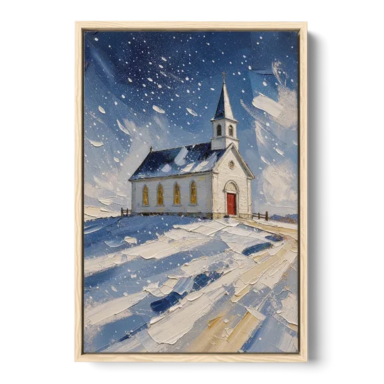 Christmas Eve Painting of a Hilltop Chapel - Oak Framed Canvas Wall Art - Front