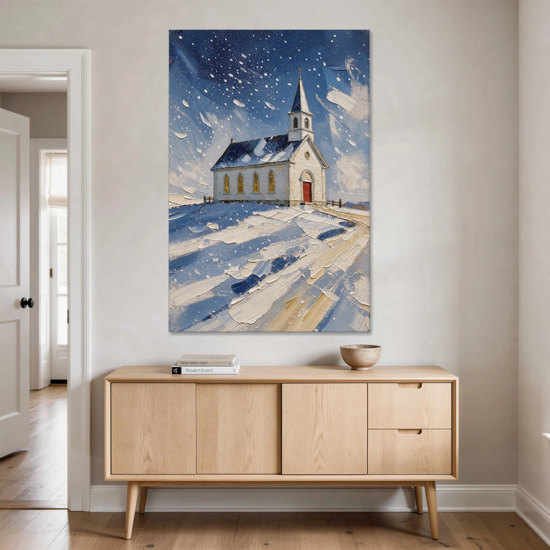 Christmas Eve Painting of a Hilltop Chapel - Canvas Wall Art - Coffee Table - 40x60
