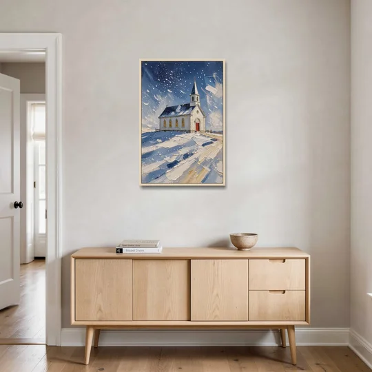 Christmas Eve Painting of a Hilltop Chapel - Oak Framed Canvas Wall Art - Coffee Table - 24x36