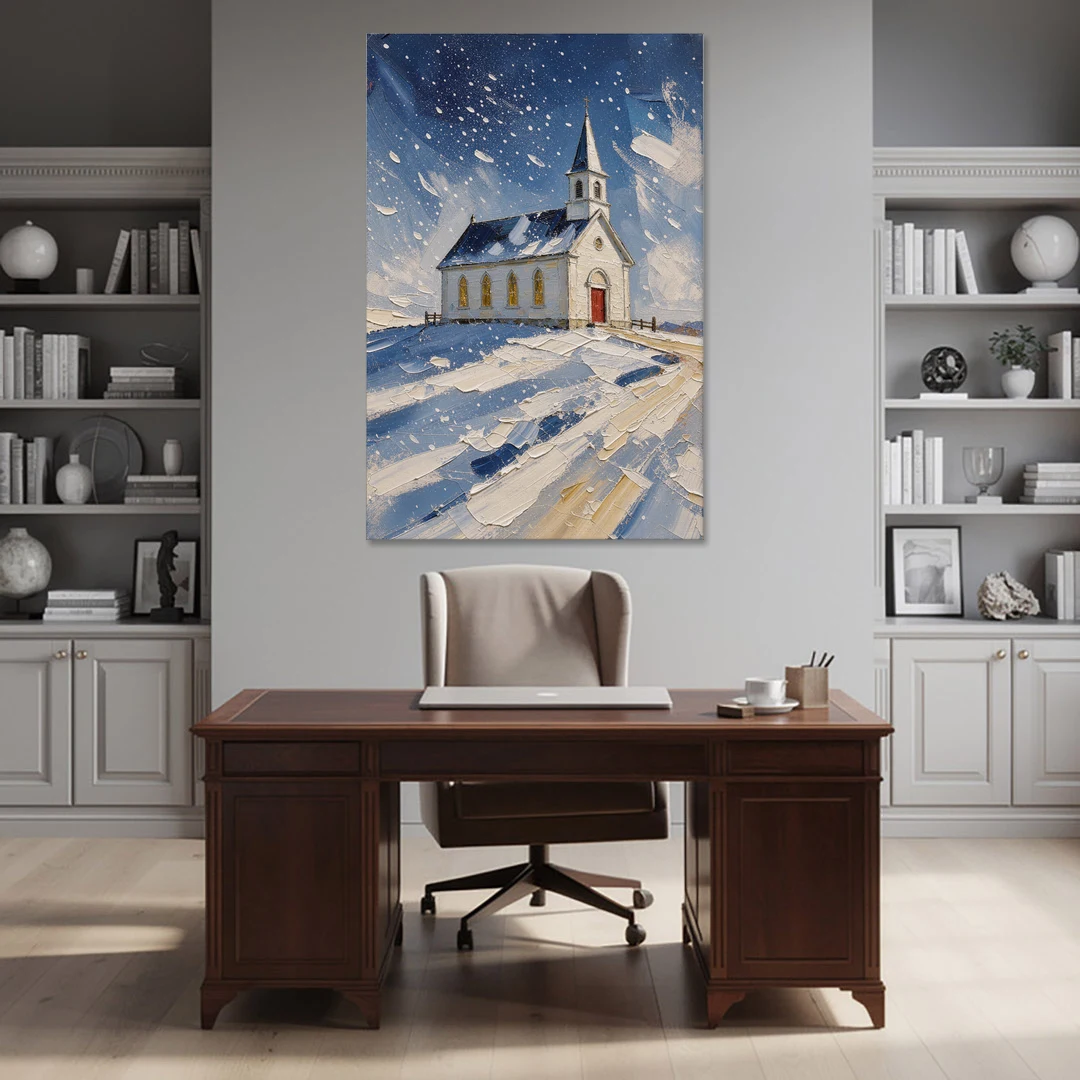 Christmas Eve Painting of a Hilltop Chapel - Canvas Wall Art - Office - 40x60