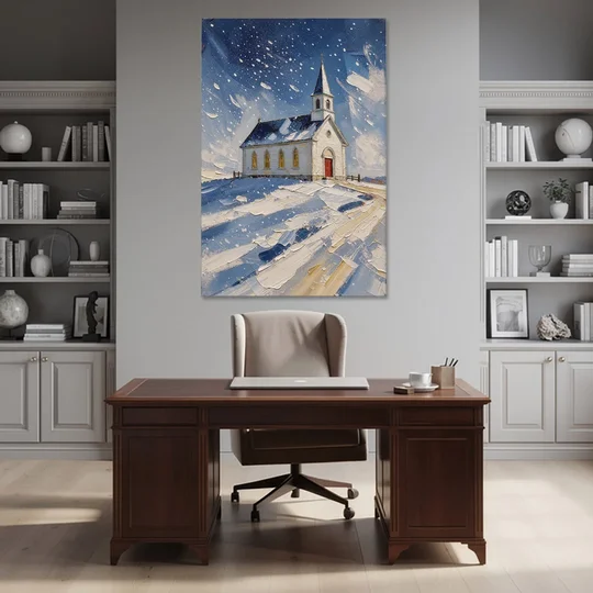 Christmas Eve Painting of a Hilltop Chapel - Canvas Wall Art - Office - 40x60