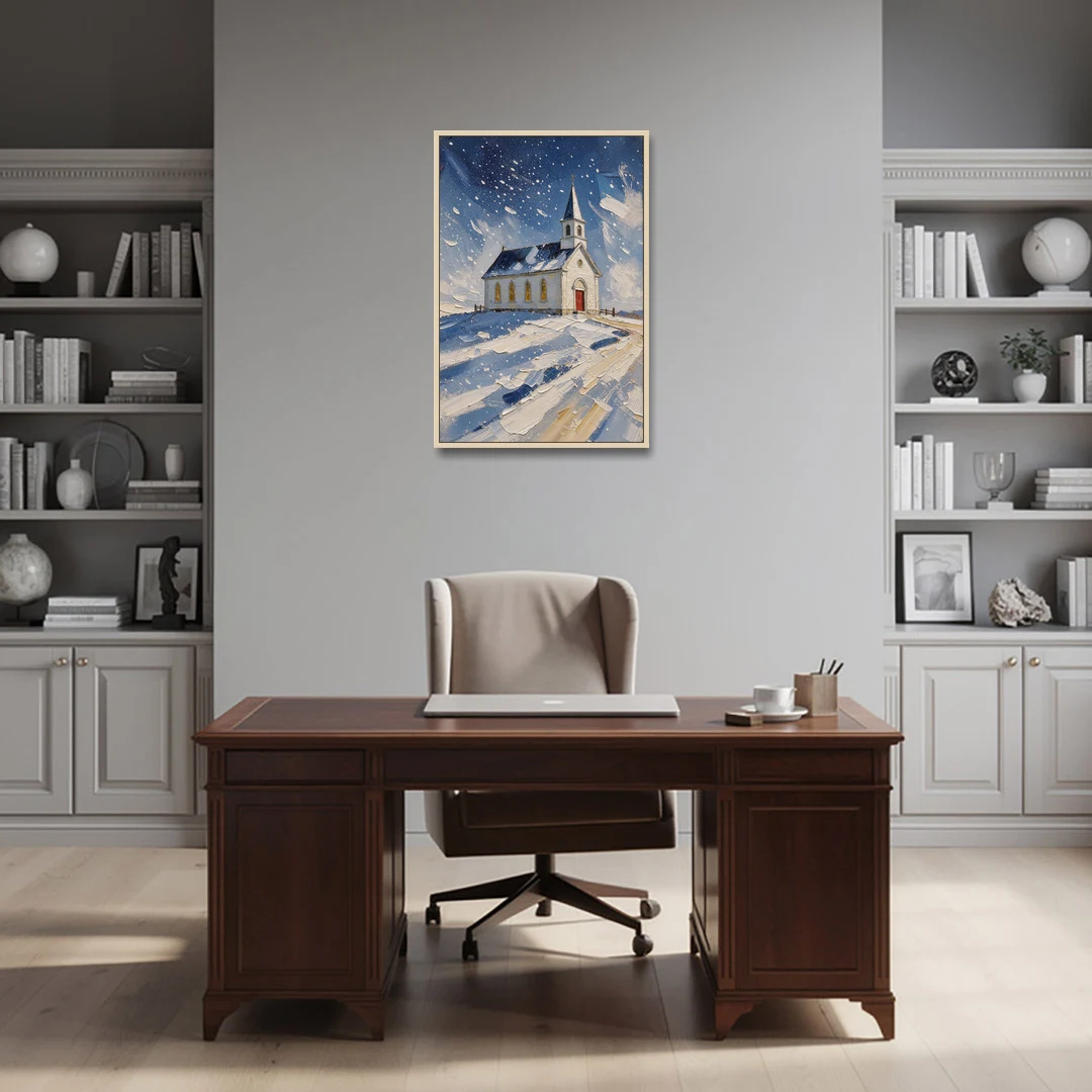Christmas Eve Painting of a Hilltop Chapel - Oak Framed Canvas Wall Art - Office - 24x36