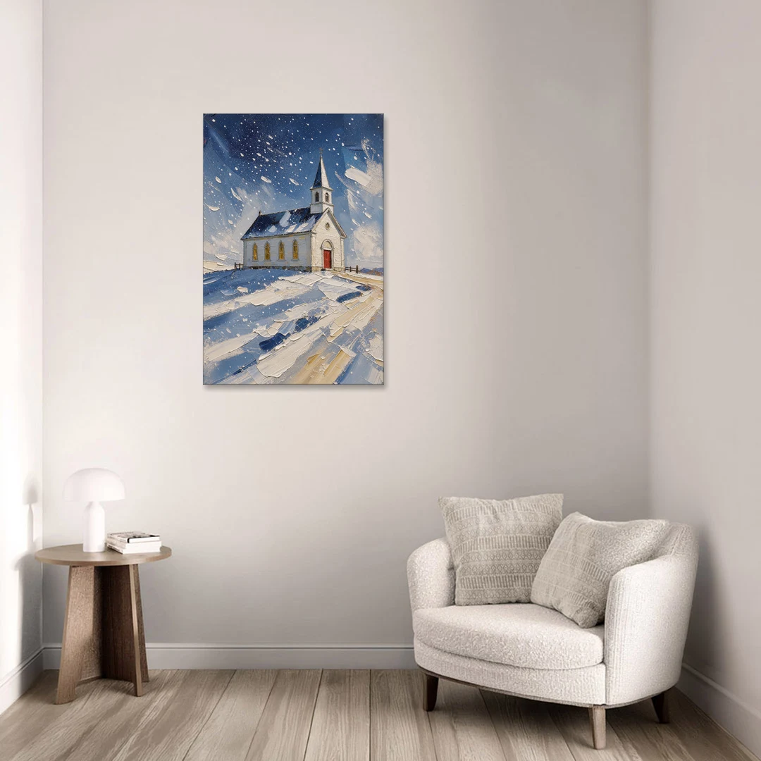 Christmas Eve Painting of a Hilltop Chapel - Canvas Wall Art - Sofa - 24x36