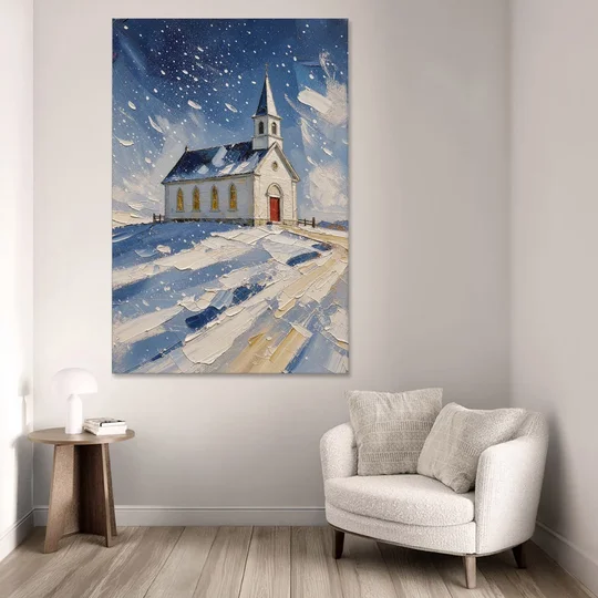 Christmas Eve Painting of a Hilltop Chapel - Canvas Wall Art - Sofa - 40x60