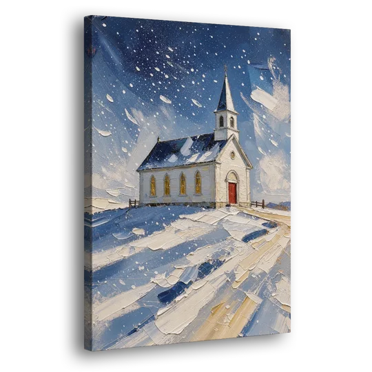 Christmas Eve Painting of a Hilltop Chapel - Canvas Wall Art - Side