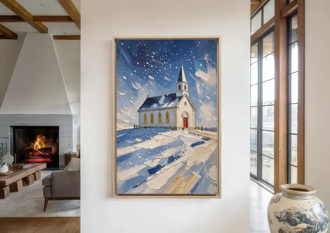 Christmas Eve Painting of a Hilltop Chapel canvas wall art in a living room with a fireplace