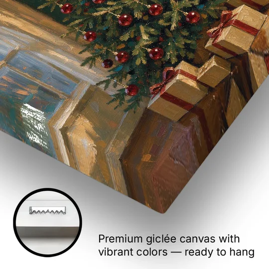 Christmas Fireplace Painting with Cranberry Fir - Canvas Wall Art - Gallery Wrap Corner
