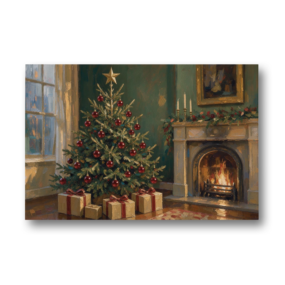 Christmas Fireplace Painting with Cranberry Fir - Canvas Wall Art - Front