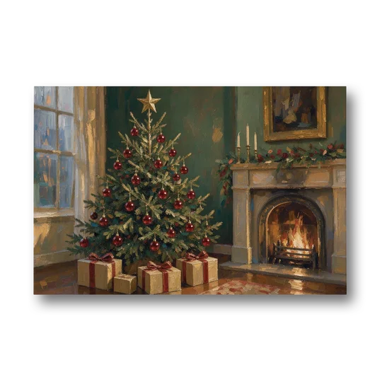 Christmas Fireplace Painting with Cranberry Fir - Canvas Wall Art - Front