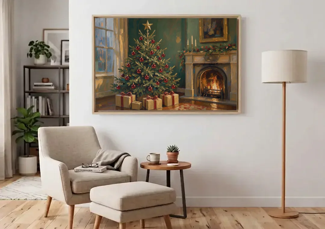 Christmas Fireplace Painting with Cranberry Fir canvas wall art above an armchair in a bright living room