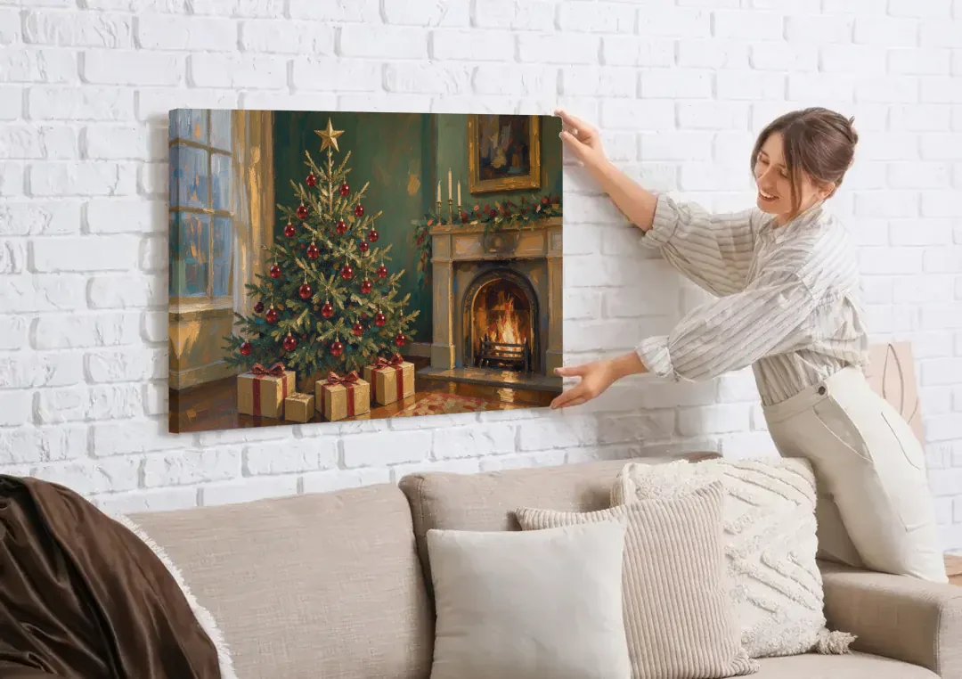 Christmas Fireplace Painting with Cranberry Fir canvas wall art being hung on a white brick wall above a sofa