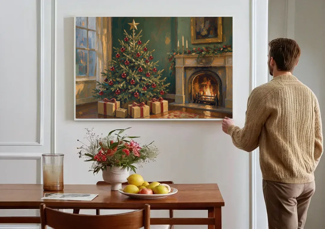 Christmas Fireplace Painting with Cranberry Fir canvas wall art above a dining table