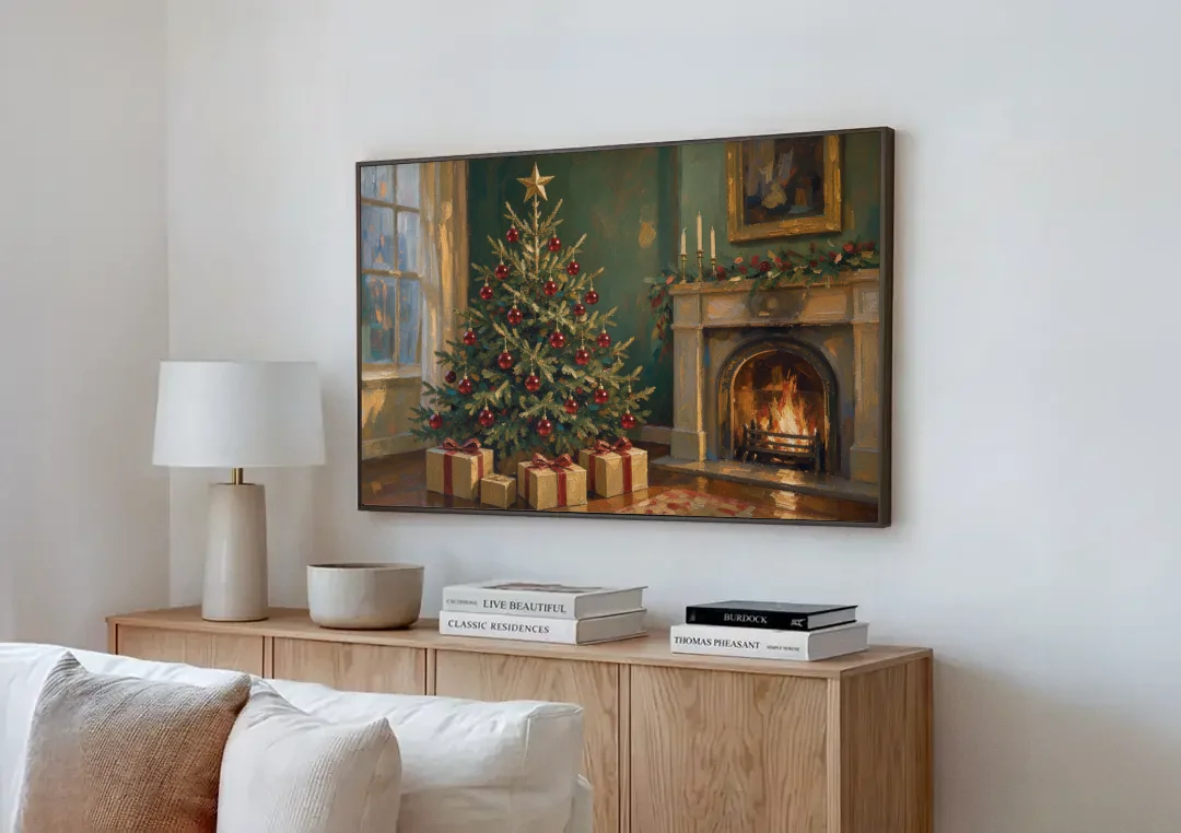 Christmas Fireplace Painting with Cranberry Fir canvas wall art above a wooden sideboard next to a sofa