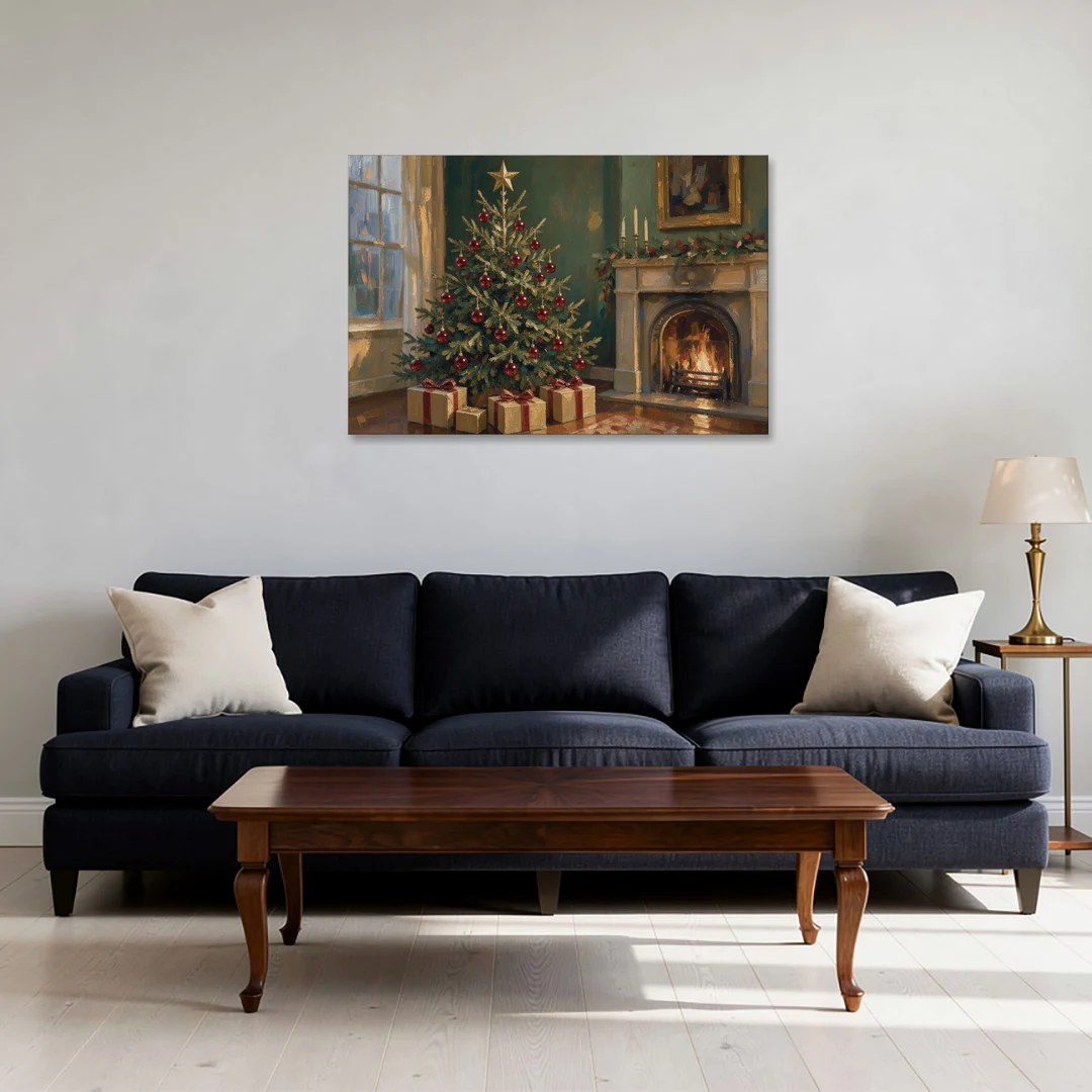Christmas Fireplace Painting with Cranberry Fir - Canvas Wall Art - Sofa - 36x24