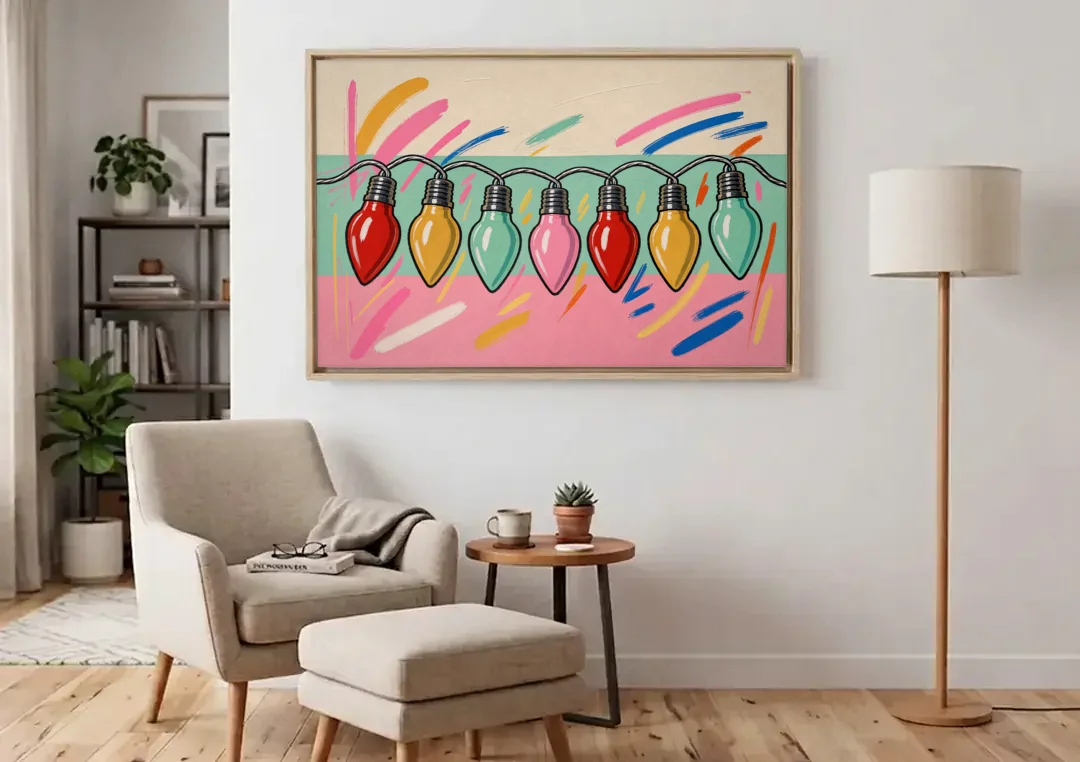 Christmas Gallery Wall Art with Swooping C9 Bulbs canvas wall art above an armchair in a bright living room