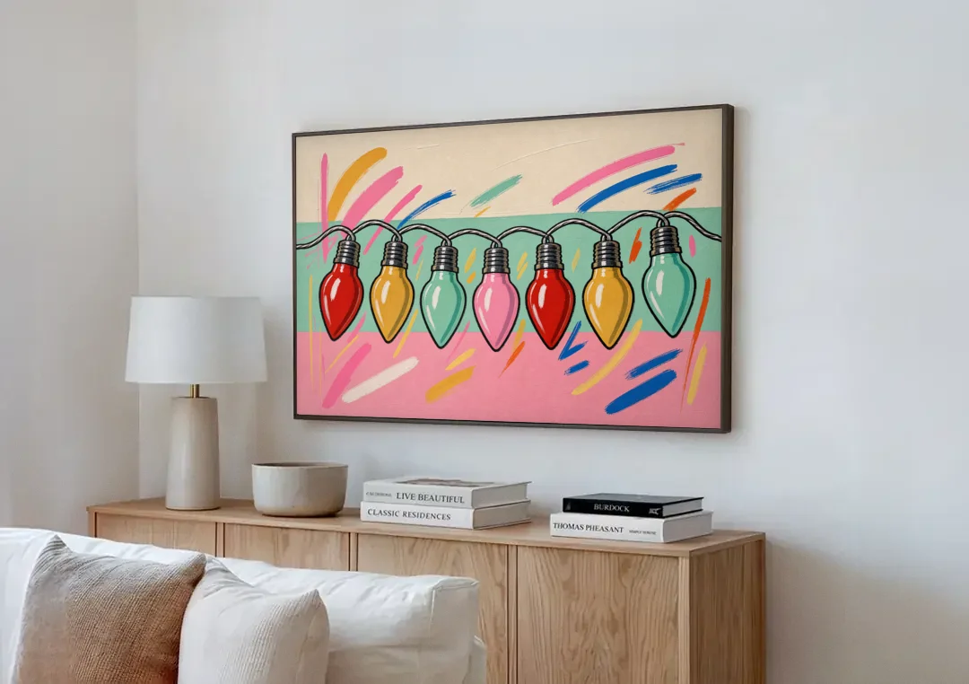 Christmas Gallery Wall Art with Swooping C9 Bulbs canvas wall art above a wooden sideboard next to a sofa