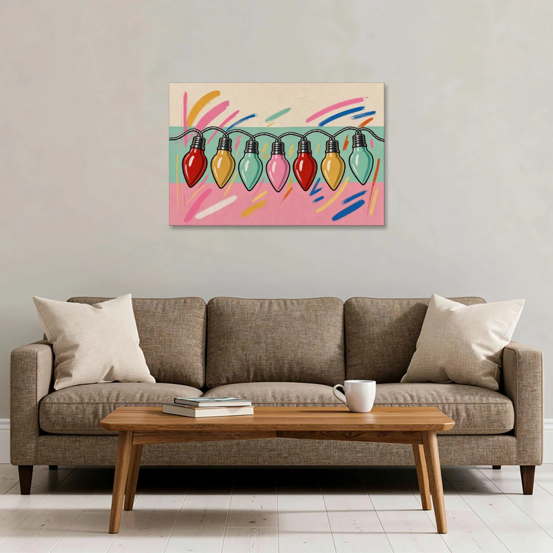 Christmas Gallery Wall Art with Swooping C9 Bulbs - Canvas Wall Art - Sofa - 36x24