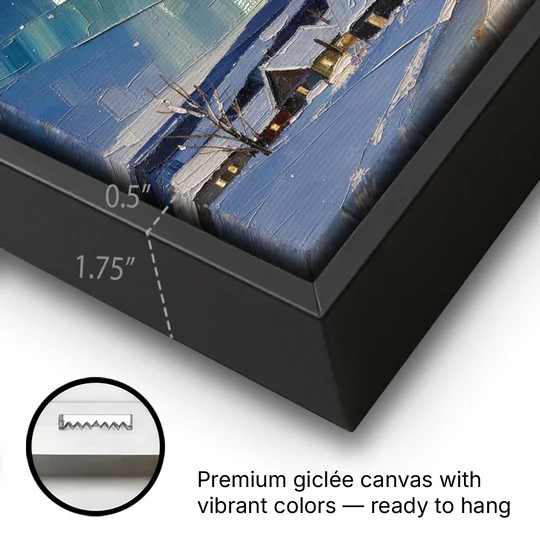 Christmas Landscape Painting Under Northern Lights - Black Framed Canvas Wall Art - Gallery Wrap Corner