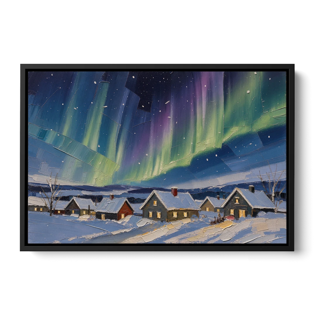 Christmas Landscape Painting Under Northern Lights - Black Framed Canvas Wall Art - Front