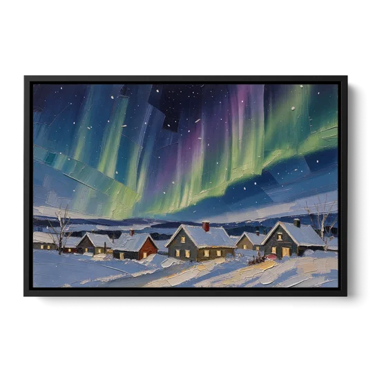 Christmas Landscape Painting Under Northern Lights - Black Framed Canvas Wall Art - Front
