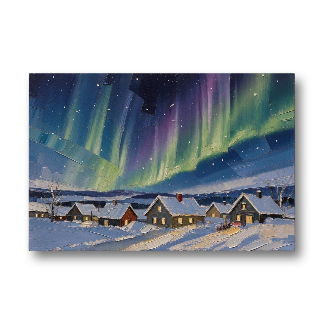 Christmas Landscape Painting Under Northern Lights - Canvas Wall Art - Front