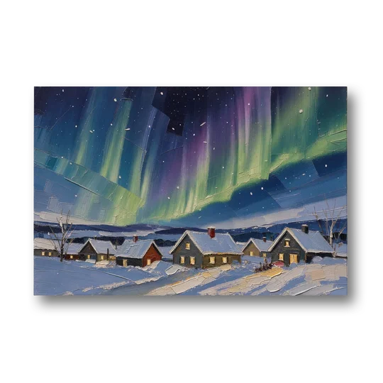 Christmas Landscape Painting Under Northern Lights - Canvas Wall Art - Front
