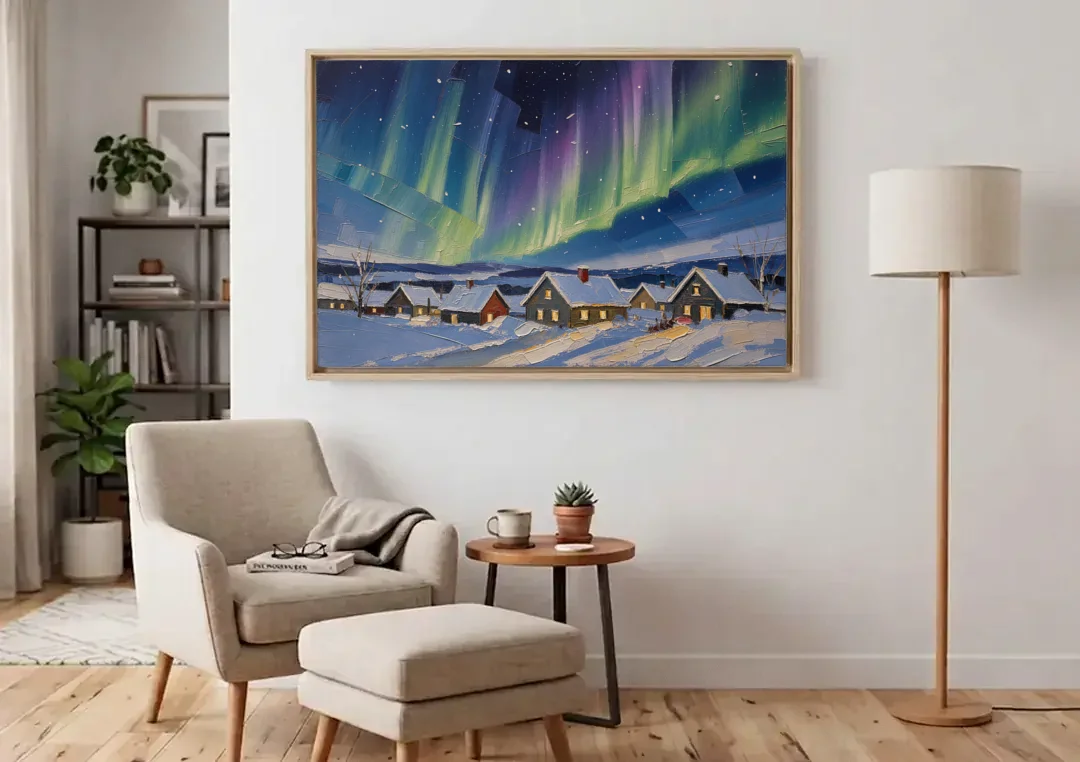 Christmas Landscape Painting Under Northern Lights canvas wall art above an armchair in a bright living room