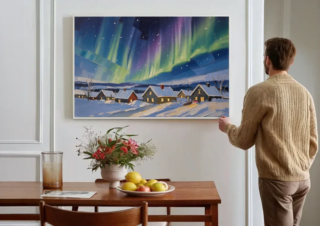Christmas Landscape Painting Under Northern Lights canvas wall art above a dining table