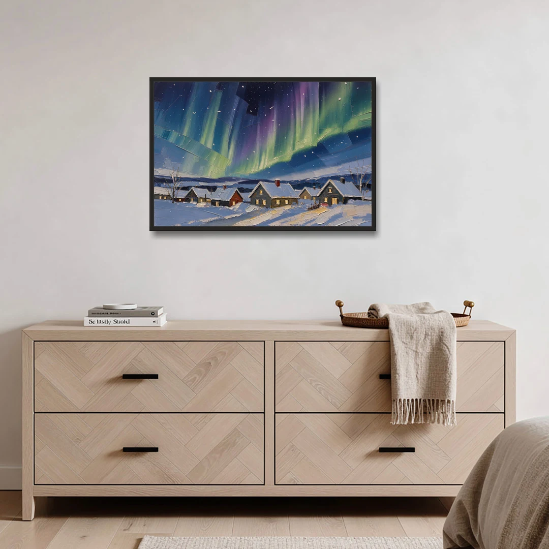 Christmas Landscape Painting Under Northern Lights - Black Framed Canvas Wall Art - Coffee Table - 36x24