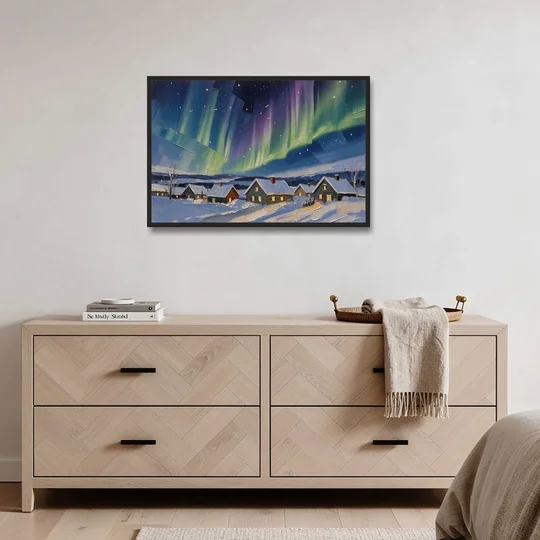 Christmas Landscape Painting Under Northern Lights - Black Framed Canvas Wall Art - Coffee Table - 36x24