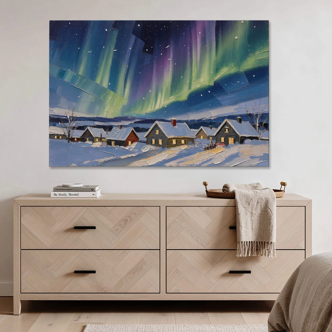 Christmas Landscape Painting Under Northern Lights - Canvas Wall Art - Coffee Table - 60x40