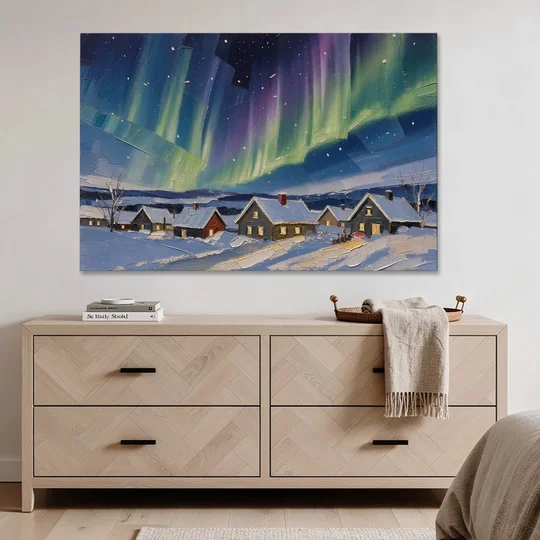 Christmas Landscape Painting Under Northern Lights - Canvas Wall Art - Coffee Table - 60x40