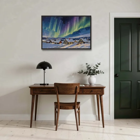Christmas Landscape Painting Under Northern Lights - Black Framed Canvas Wall Art - Office - 36x24