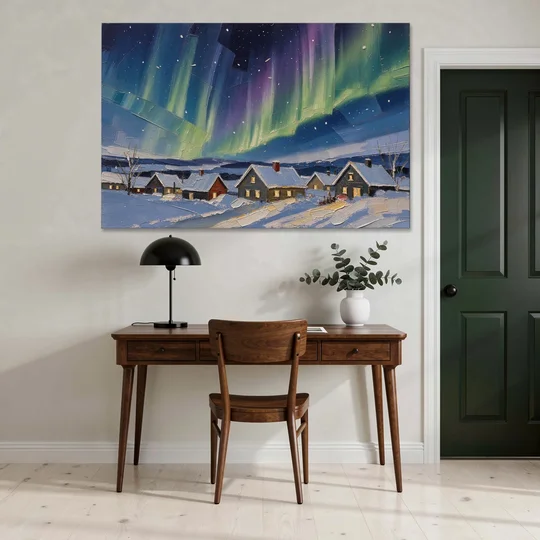 Christmas Landscape Painting Under Northern Lights - Canvas Wall Art - Office - 60x40