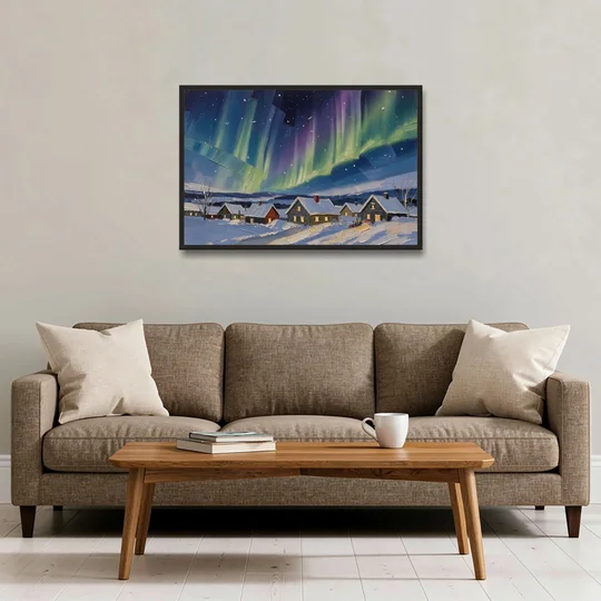 Christmas Landscape Painting Under Northern Lights - Black Framed Canvas Wall Art - Sofa - 36x24