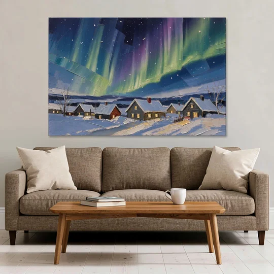 Christmas Landscape Painting Under Northern Lights - Canvas Wall Art - Sofa - 60x40