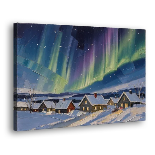 Christmas Landscape Painting Under Northern Lights - Canvas Wall Art - Side