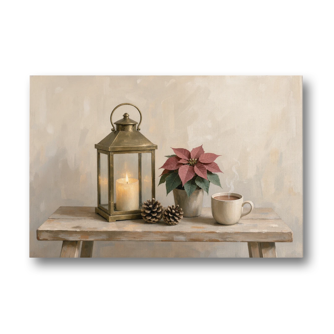 Christmas Lantern Painting with Cocoa and Poinsettia - Canvas Wall Art - Front