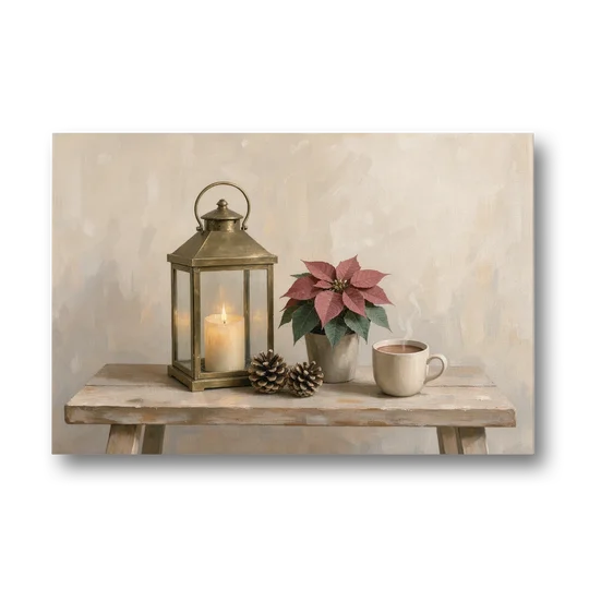 Christmas Lantern Painting with Cocoa and Poinsettia - Canvas Wall Art - Front