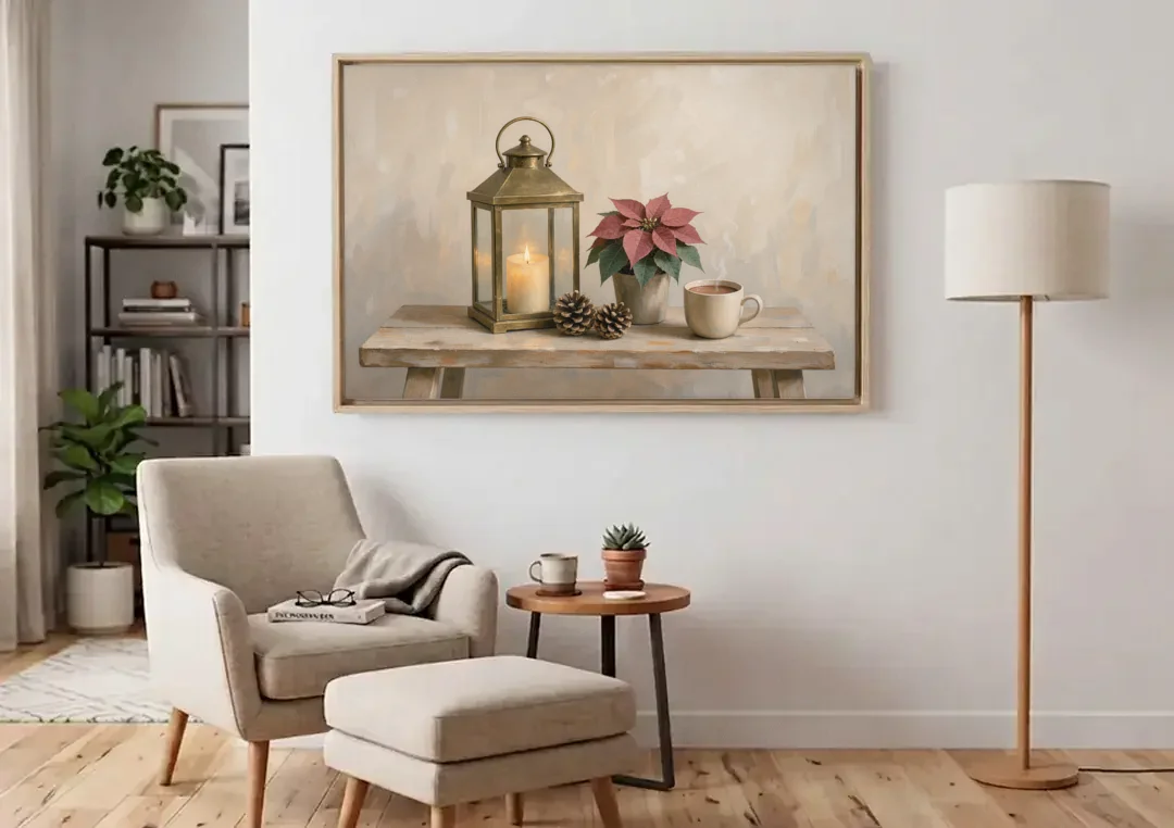 Christmas Lantern Painting with Cocoa and Poinsettia canvas wall art above an armchair in a bright living room