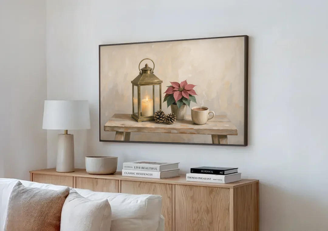 Christmas Lantern Painting with Cocoa and Poinsettia canvas wall art above a wooden sideboard next to a sofa