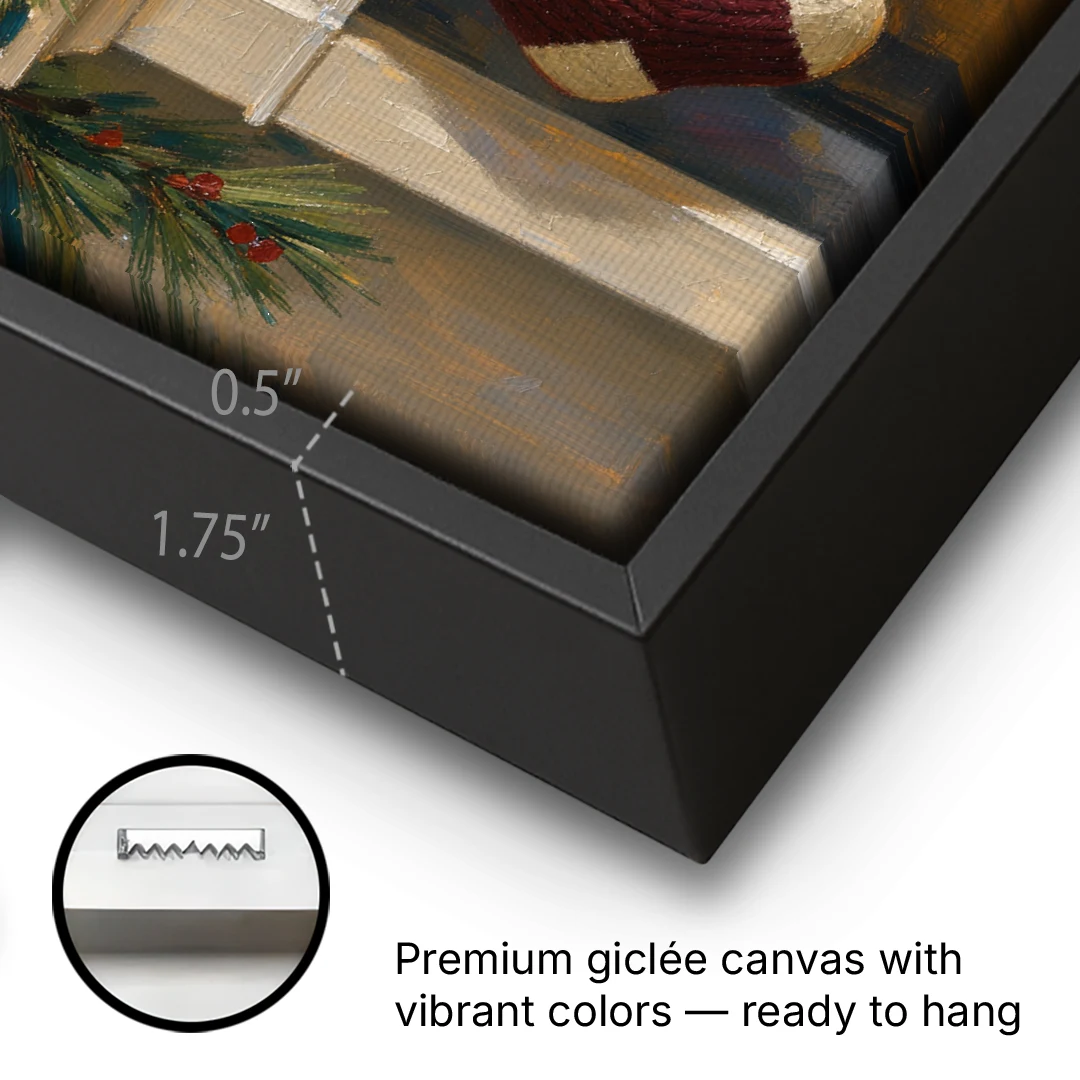 Christmas Mantel Painting with Three Knit Stockings - Black Framed Canvas Wall Art - Gallery Wrap Corner