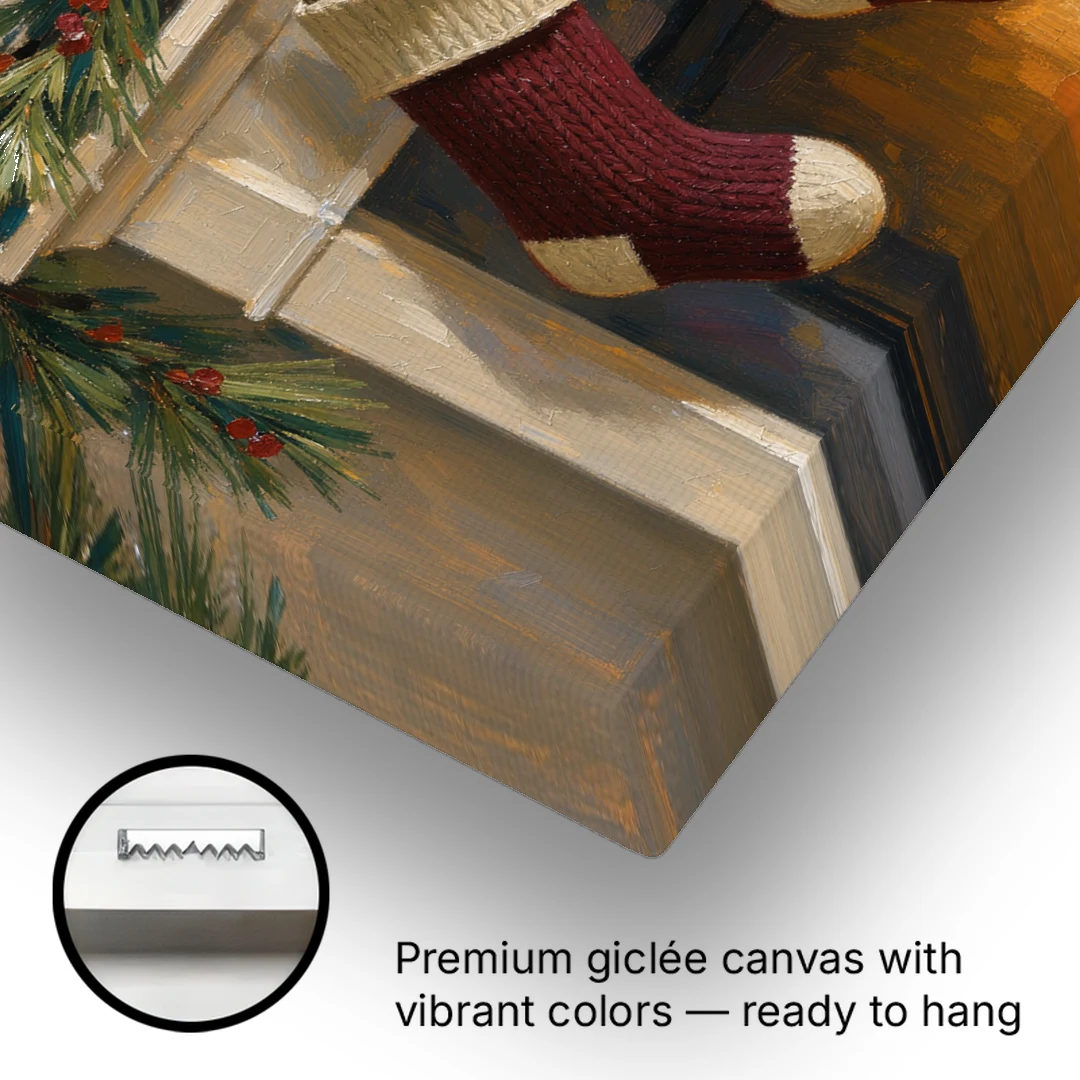 Christmas Mantel Painting with Three Knit Stockings - Canvas Wall Art - Gallery Wrap Corner